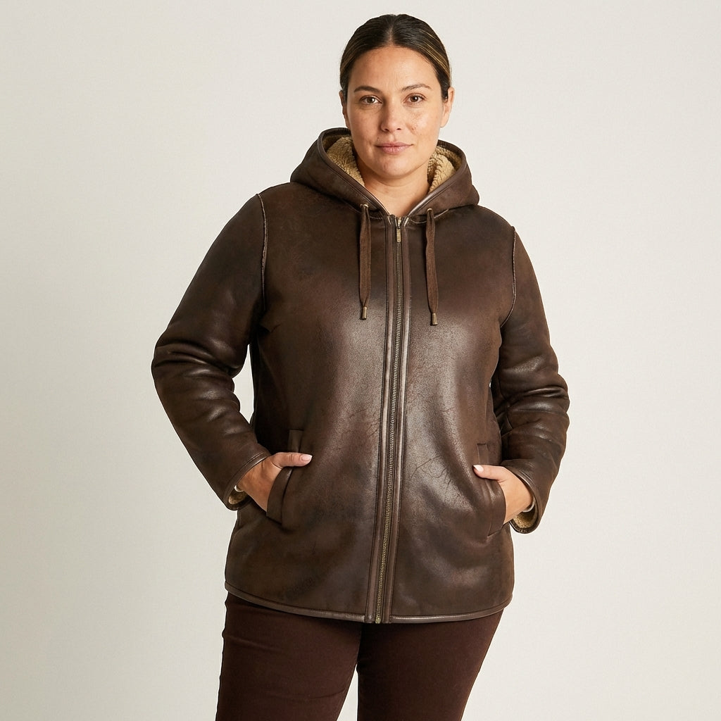 Chaqueta Café de Ecocuero con Gorro y Forro Sherpa